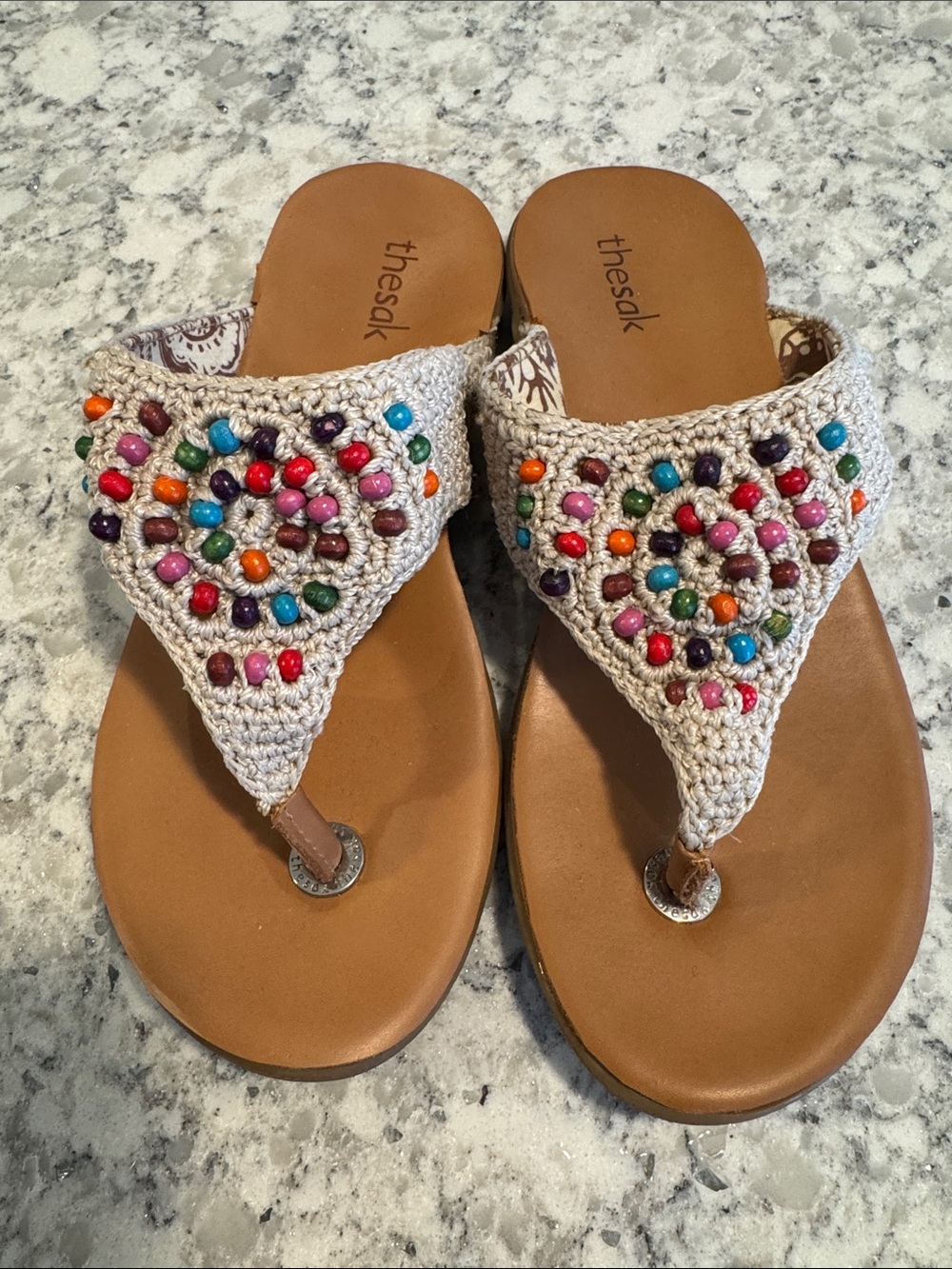The Sak Multicolor Beaded Crochet Thong Sandals in Tan